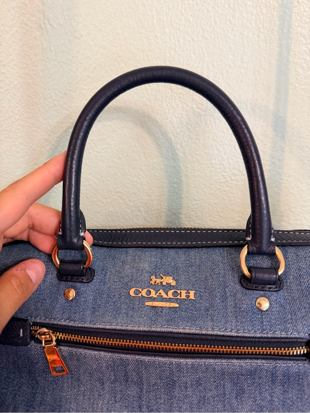 Coach Blue Denim Satchel with Navy Leather Trim and Gold Hardware - Picture 9 of 14